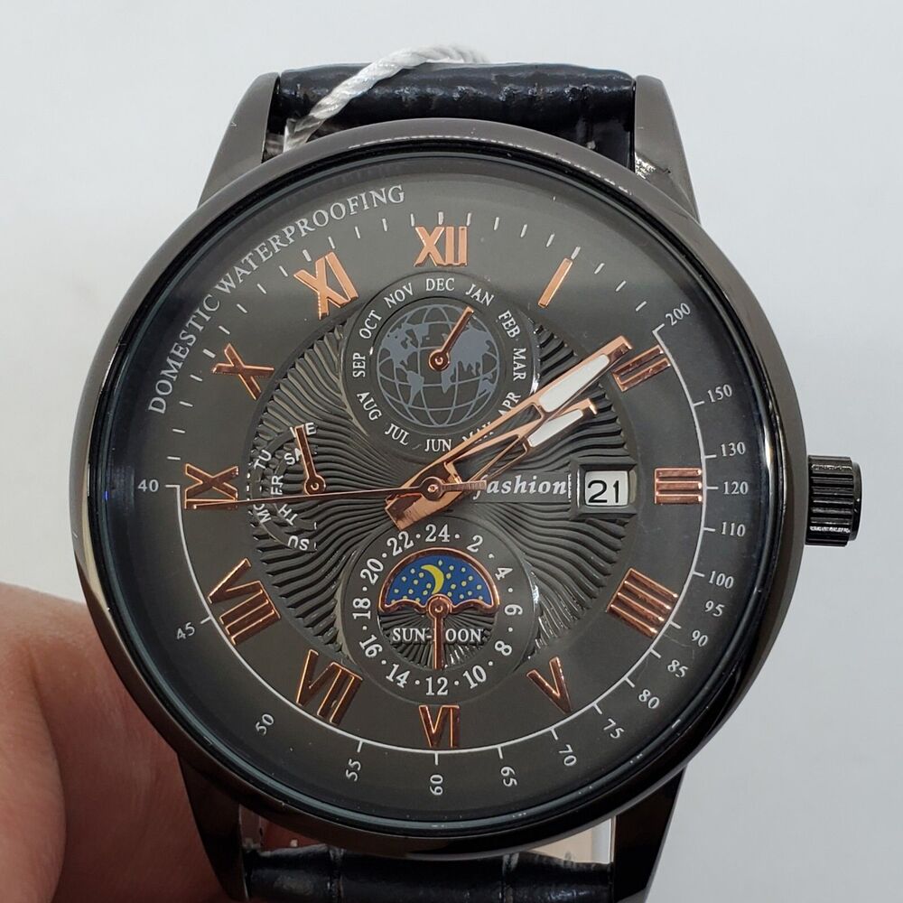 Men's Watch‎ 40MM Black Dial Black Leather Bands Roman Numerals Date Indicator